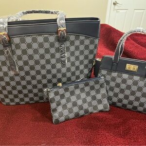 Stylish blue and grey Checkered Handbag Set